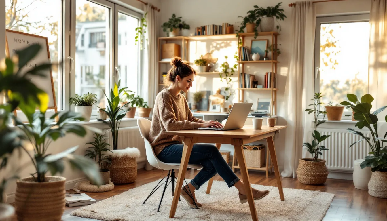 The image depicts a person comfortably working remotely in a bright, naturally lit room, embodying a healthy work-life balance. This setting emphasizes the importance of personal time and mental health, allowing for a fulfilling lifestyle that integrates work with other aspects of life.